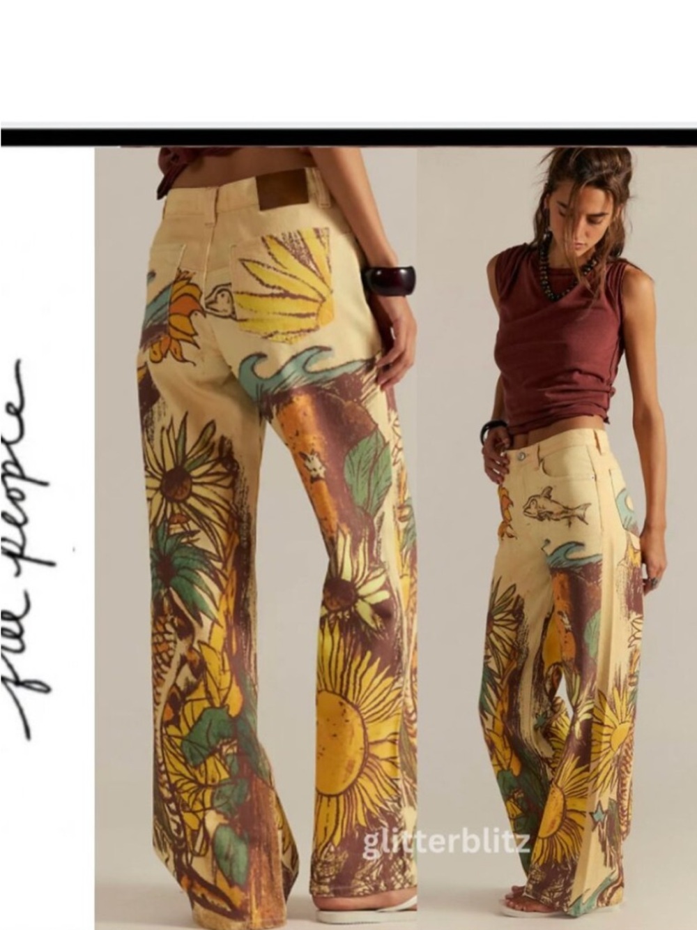 Free People Straight-Leg Pants in Pale Yellow Beach Scene Sz 26 NWT
